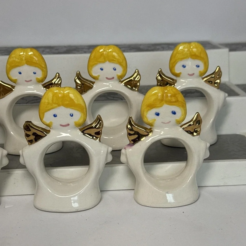 VTG Ceramic‎ Set 8 Standing Angel Napkin Holders Rings White Christmas Dinner